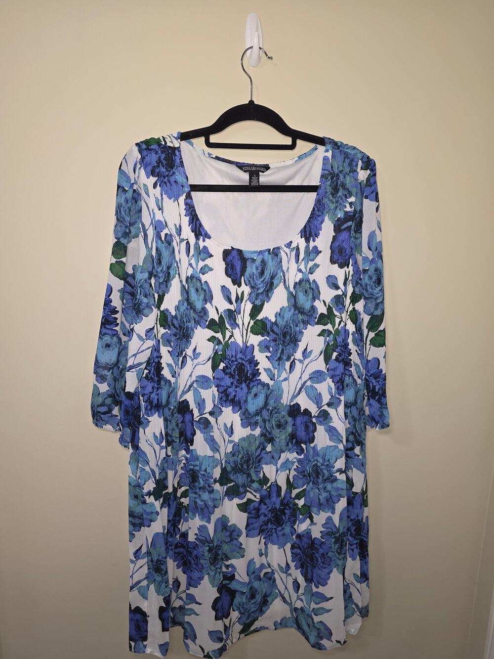 Nina Leonard 3/4 Balloon Sleeve Round Neck Chiffon Dress
